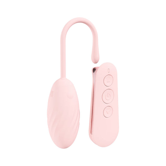 Front view of the pink Loveline Felicite rechargeable vibrating egg with wireless remote on the right on a white background | Flirty Bay, sex toys Australia
