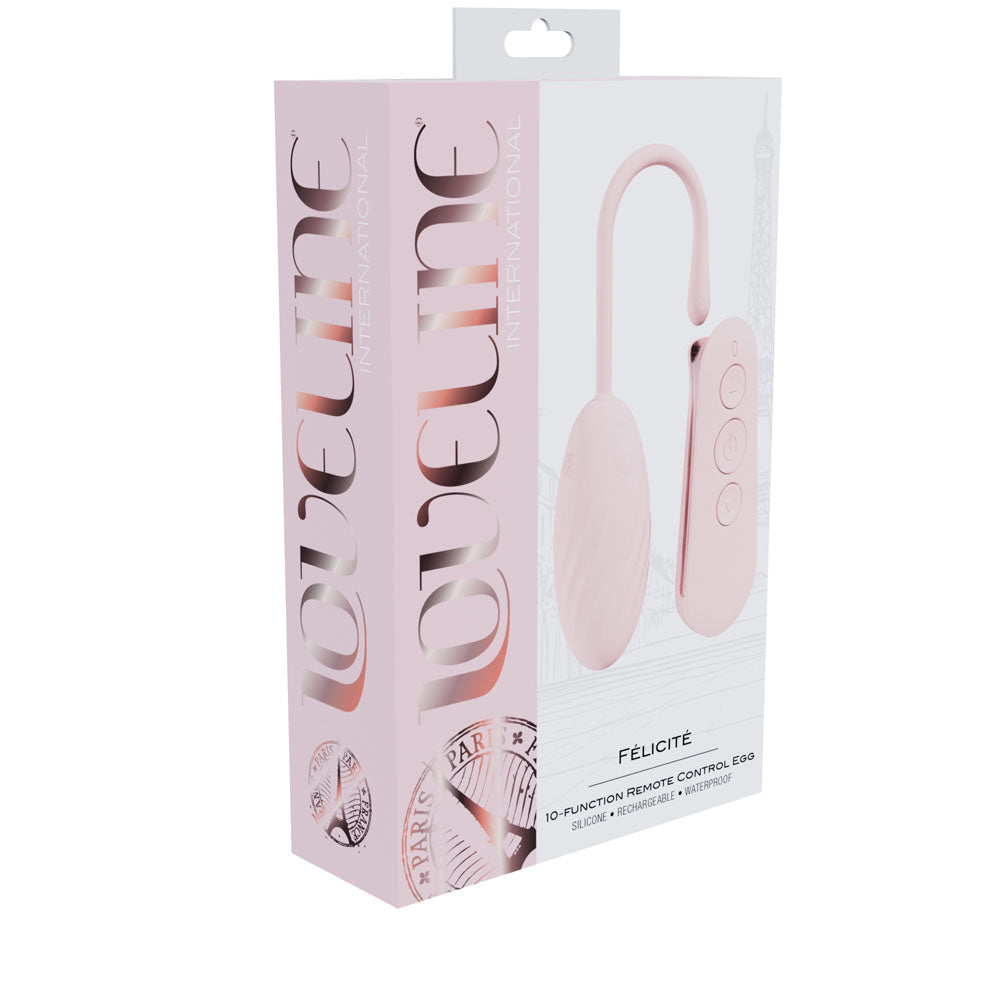 Front view of the packaging for the pink Loveline Felicite rechargeable vibrating egg on a white background | Flirty Bay, sex toys Australia