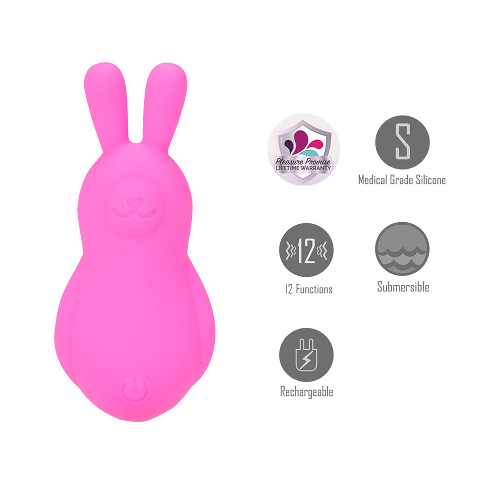 Front view of the pink Maia Bri rechargeable vibrating bunny bullet with specifications on the right on a white background | Flirty Bay, sex toys Australia