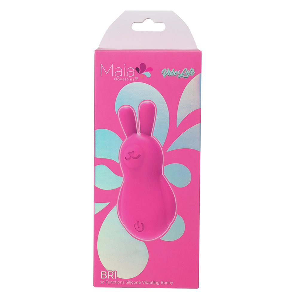 Front view of the pink Maia Bri rechargeable vibrating bunny bullet packaging on a white background | Flirty Bay, sex toys Australia