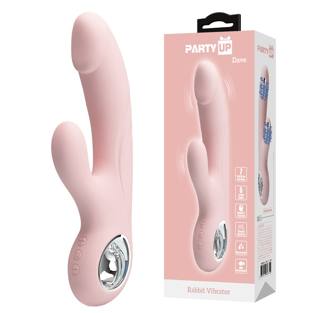Side view of Party Up Dave Pink Rabbit Vibrator with packaging on a clear white background | Flirty Bay, sex toys Australia
