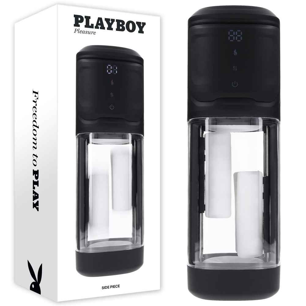 Black and clear Playboy Pleasure Side Piece warming auto stroker with packaging on white background | Flirty Bay Adult Store and Strokers in Perth Australia