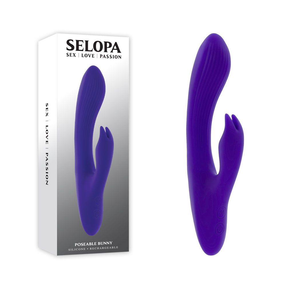 Side view of Selopa Poseable Bunny Rabbit Vibrator with packaging on a clear white background | Flirty Bay, sex toys Australia