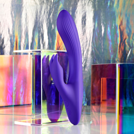 Side view of Selopa Poseable Bunny Rabbit Vibrator in a disco decor | Flirty Bay, sex toys Australia