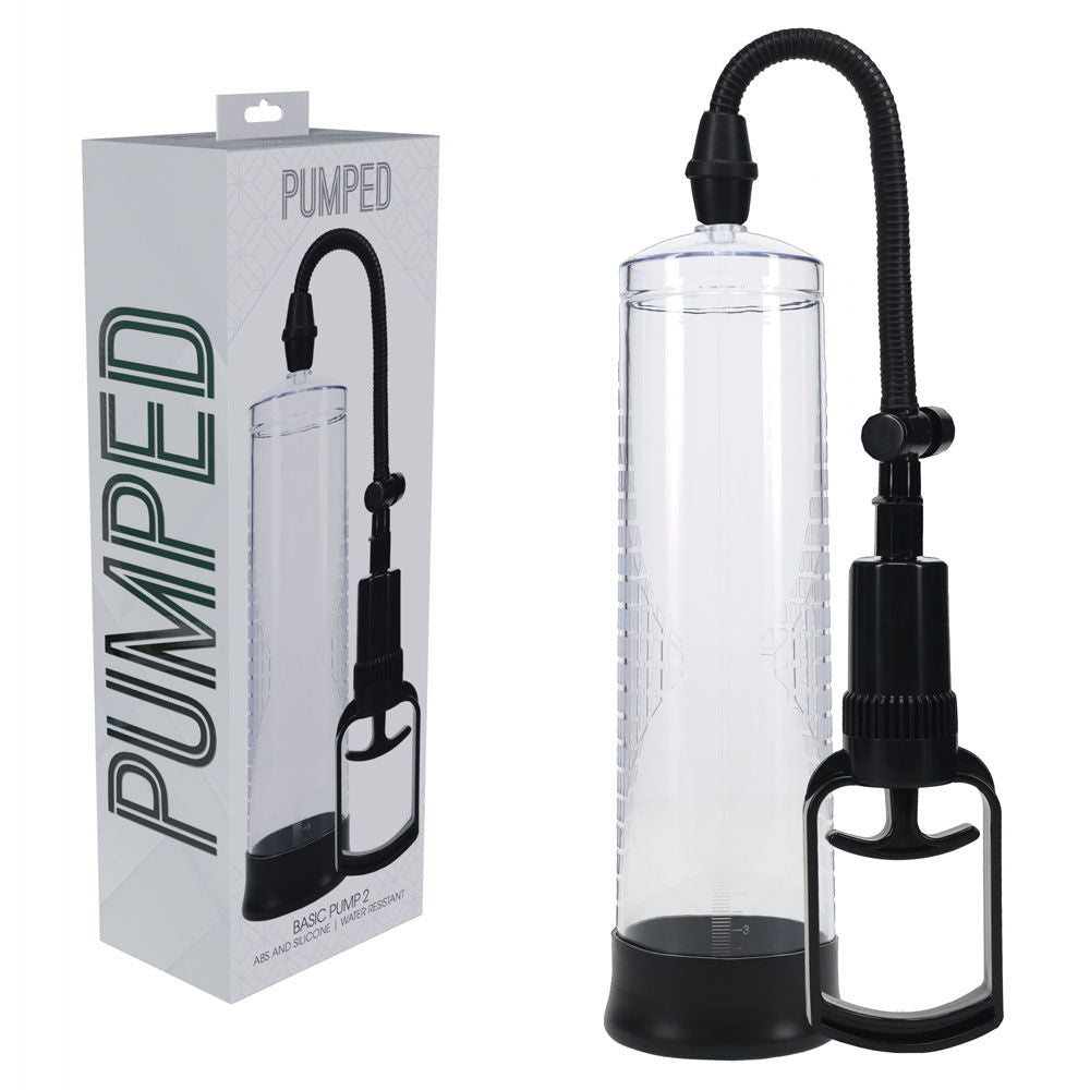 Basic transparent penis pump with measurement cylinder and soft silicone entry sleeve for erectile support and enhancement | Flirty bay online adult store, adult toys and lingerie