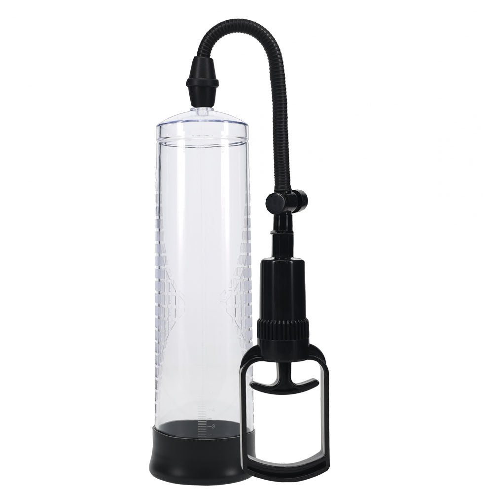 Basic transparent penis pump with measurement cylinder and soft silicone entry sleeve for erectile support and enhancement, front view | Flirty bay online adult store, adult toys and lingerie