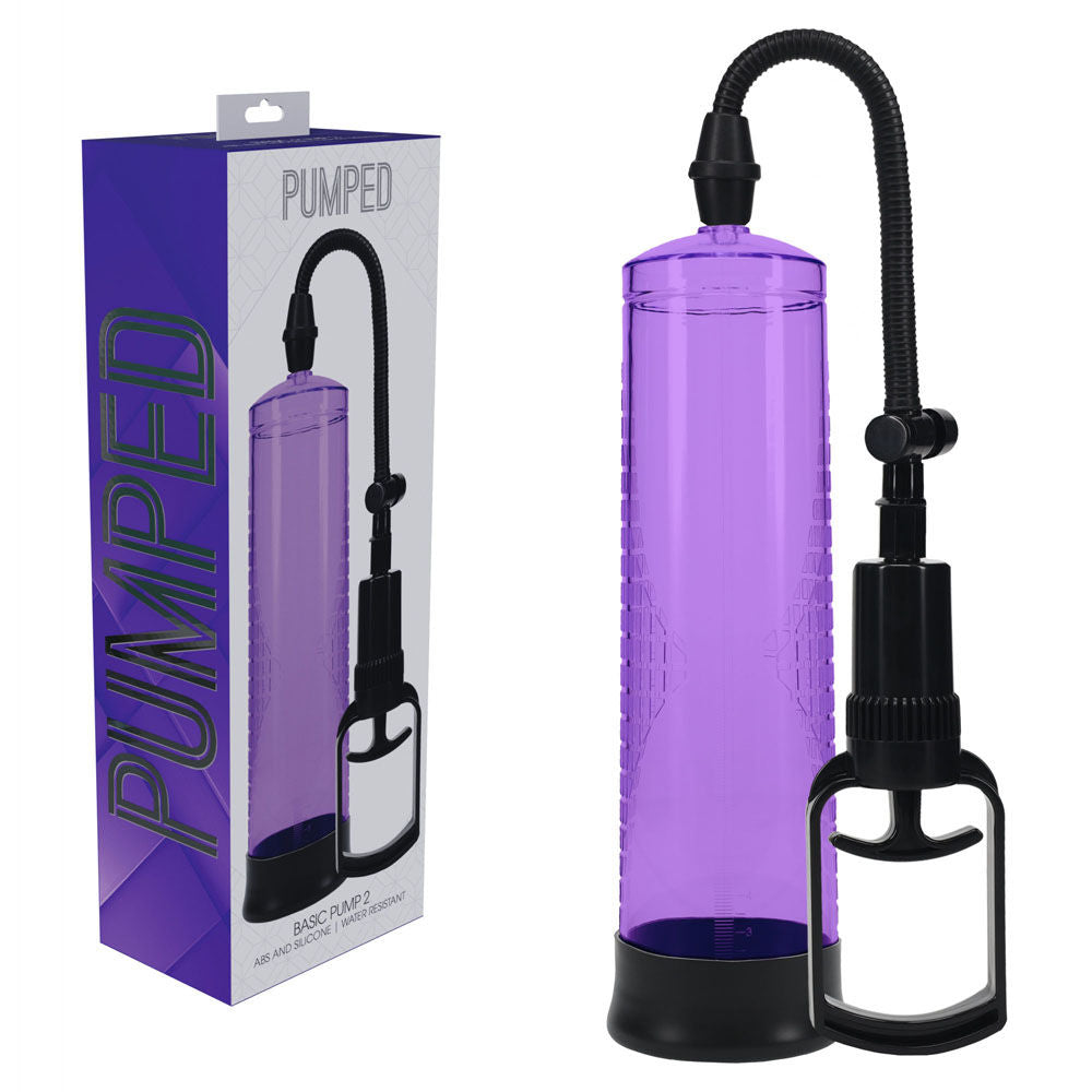 Basic transparent penis pump with measurement cylinder and soft silicone entry sleeve for erectile support and enhancement, purple | Flirty bay online adult store, adult toys and lingerie