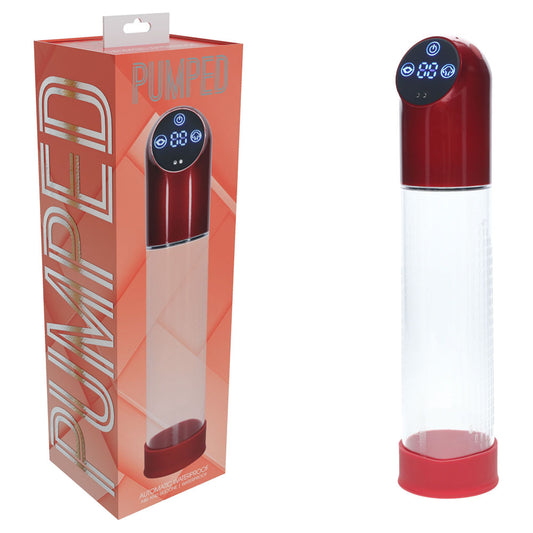 Pumped Clear Red Rechargeable Automatic Penis Pump with packaging | Flirty Bay, male sex toys in Perth Australia
