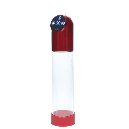 Pumped Clear Red Rechargeable Automatic Penis Pump side view | Flirty Bay, male sex toys in Perth Australia