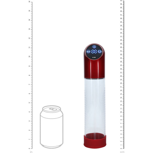 Pumped Clear Red Rechargeable Automatic Penis Pump with ruler for size reference | Flirty Bay, male sex toys in Perth Australia