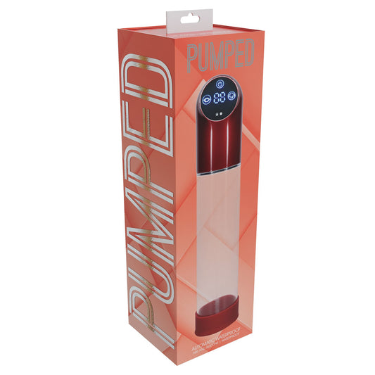 Pumped Clear Red Automatic Penis Pump silicone entrance sleeve packaging close up | Flirty Bay, male sex toys in Perth Australia