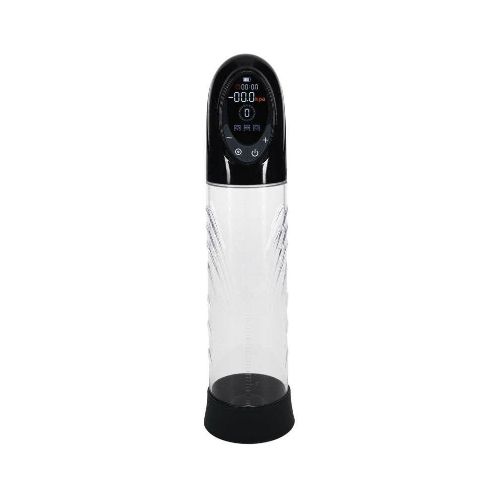 Pumped CyberPulse Clear Rechargeable Penis Pump held in a man’s hand on white background | Flirty Bay, male sex toys in Perth Australia