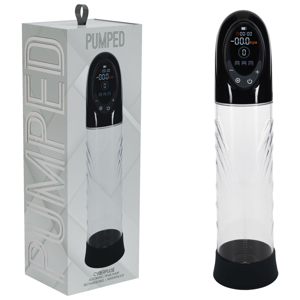 Pumped CyberPulse Clear Rechargeable Penis Pump with packaging on white background | Flirty Bay, male sex toys in Perth Australia