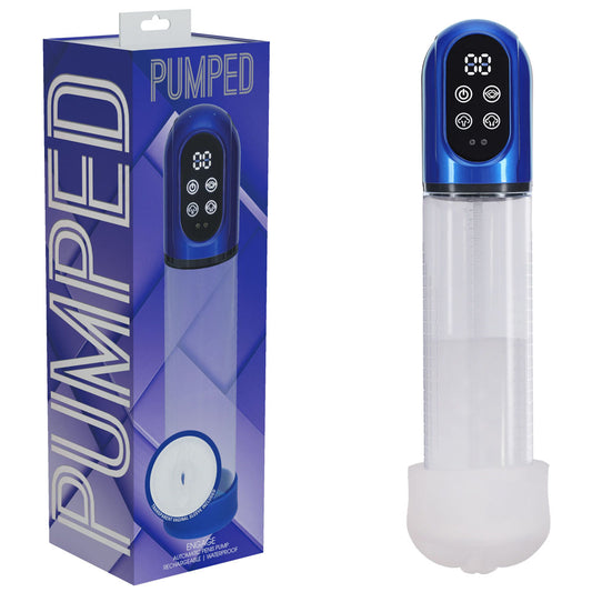 Pumped Engage Metallic Rechargeable Auto Penis Pump with packaging | Flirty Bay, male sex toys in Perth Australia