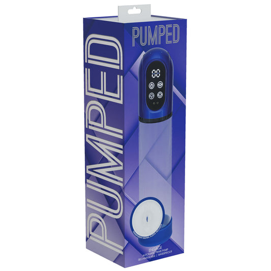 Pumped Engage Metallic Rechargeable Auto Penis Pump packaging side view | Flirty Bay, male sex toys in Perth Australia