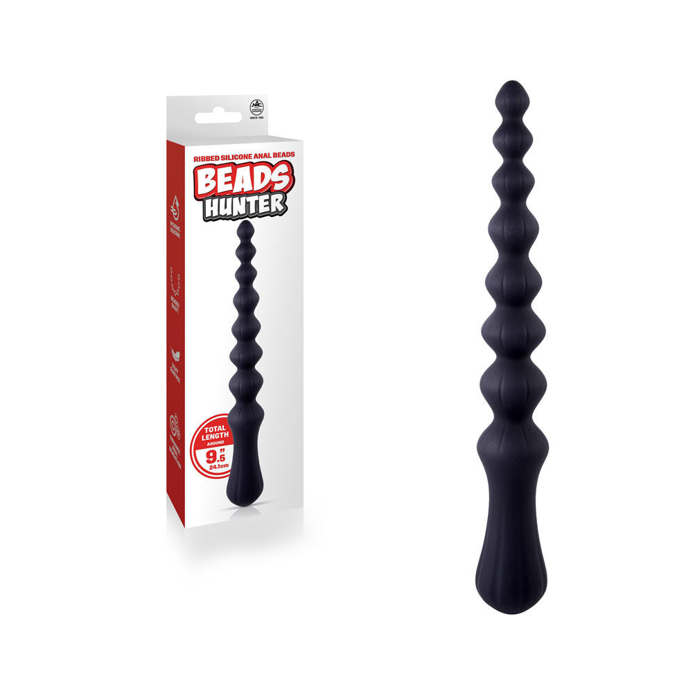 Front view of black silicone anal beads 9.4" with packaging on left side, showcasing smooth beaded shaft and hygienic silicone design | Flirty Bay, anal plug adult store Australia