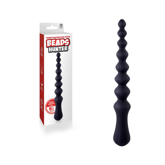 Front view of black silicone anal beads 9.4" with packaging on left side, showcasing smooth beaded shaft and hygienic silicone design | Flirty Bay, anal plug adult store Australia