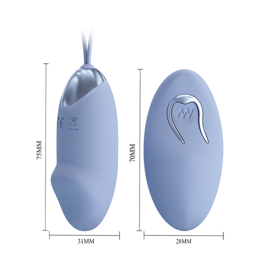 Front view of the purple Party Up Ivan egg vibrator with wireless remote on the right side displaying dimensions on a white background | Flirty Bay, sex toys Australia