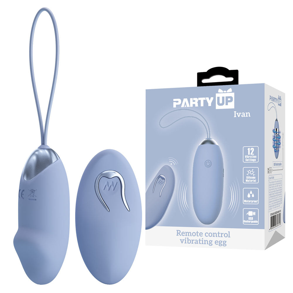 Front view of the purple Party Up Ivan egg vibrator with wireless remote on the right and packaging on the white background | Flirty Bay, sex toys Australia