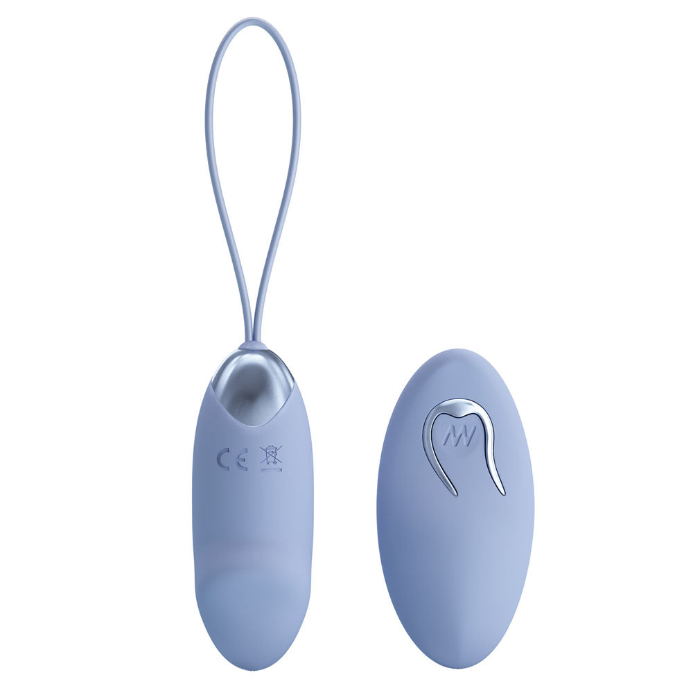 Front view of the purple Party Up Ivan egg vibrator with wireless remote on the right side on a white background | Flirty Bay, sex toys Australia