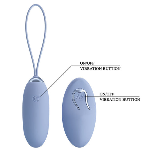 Front view of the purple Party Up Ivan egg vibrator with wireless remote on the right side showing specifications on a white background | Flirty Bay, sex toys Australia