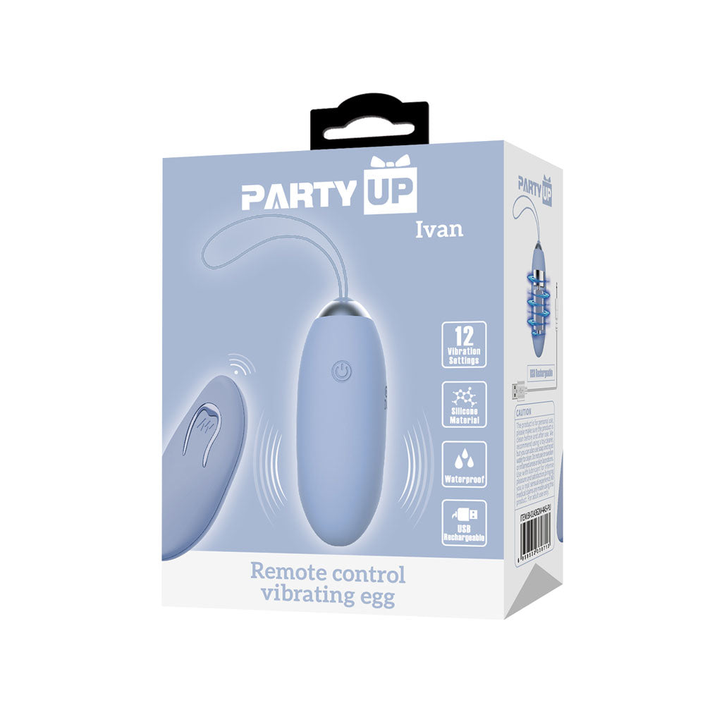 Front view of the purple Party Up Ivan egg vibrator packaging on a white background | Flirty Bay, sex toys Australia