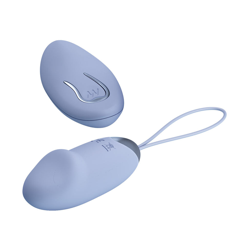 Top view of the Party Up Ivan egg vibrator with its wireless remote positioned at the top on a white background | Flirty Bay, sex toys Australia