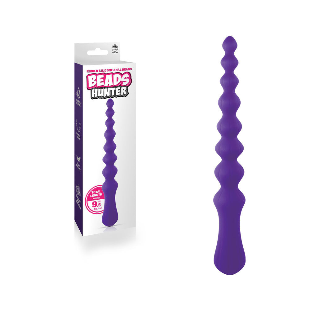 Front view of purple silicone anal beads 9.4" with packaging on left side, showcasing smooth beaded shaft and hygienic silicone design | Flirty Bay, anal plug adult store Australia