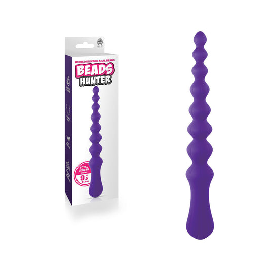 Front view of purple silicone anal beads 9.4" with packaging on left side, showcasing smooth beaded shaft and hygienic silicone design | Flirty Bay, anal plug adult store Australia