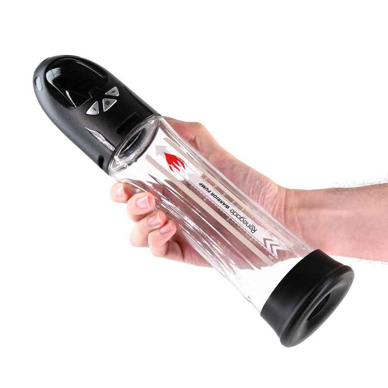 Side view of the Renegade Warrior Pump Clear Automatic Penis Pump held in a man’s hand on a white background | Flirty Bay, male sex toys in Perth Australia