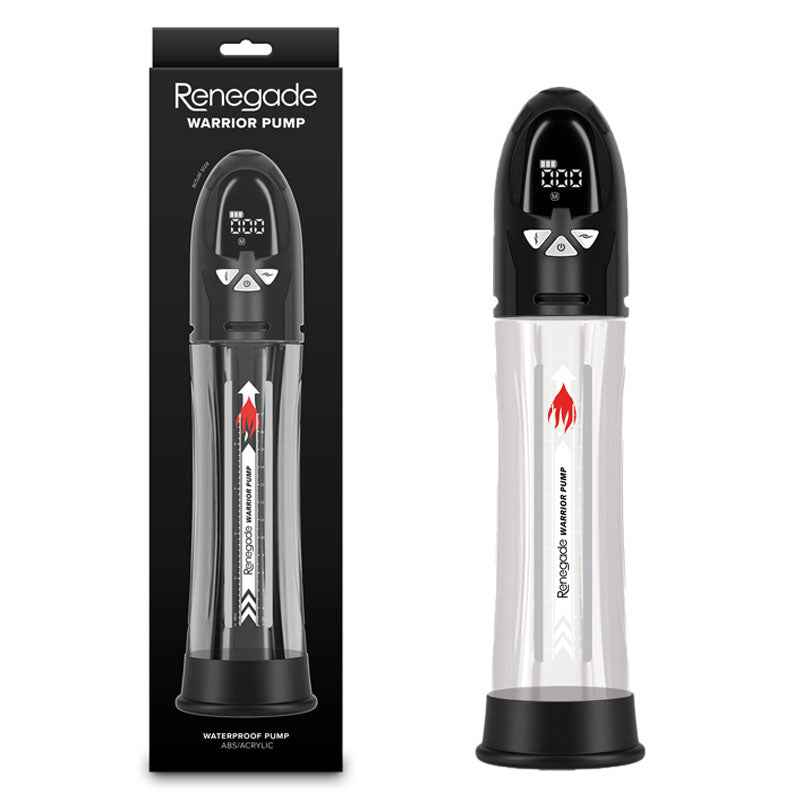 Side view of the Renegade Warrior Pump Clear Automatic Penis Pump with packaging on a white background | Flirty Bay, male sex toys in Perth Australia