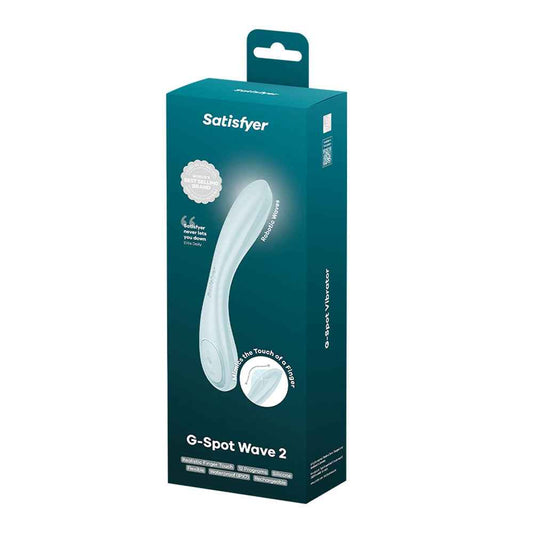 Side view of the packaging of the Satisfyer G-Spot Wave 2 Ice Flicking Tip Vibrator on a white background | Flirty Bay, sex toys in Perth Australia