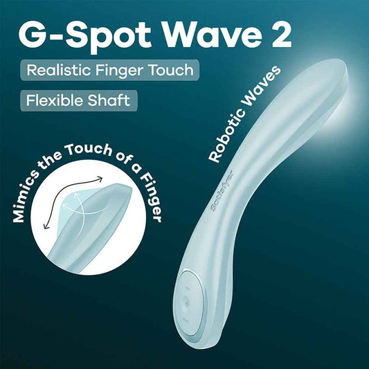 Side view of the Satisfyer G-Spot Wave 2 Ice Flicking Tip Vibrator with specifications on a shadow teal background | Flirty Bay, sex toys in Perth Australia