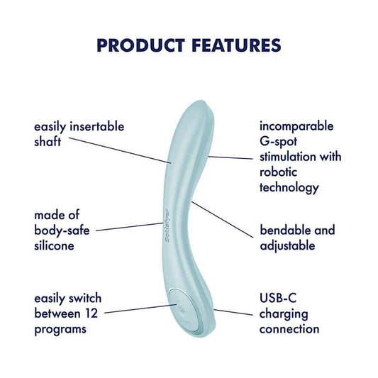 Side view of the Satisfyer G-Spot Wave 2 Ice Flicking Tip Vibrator with specifications on a white background | Flirty Bay, sex toys in Perth Australia