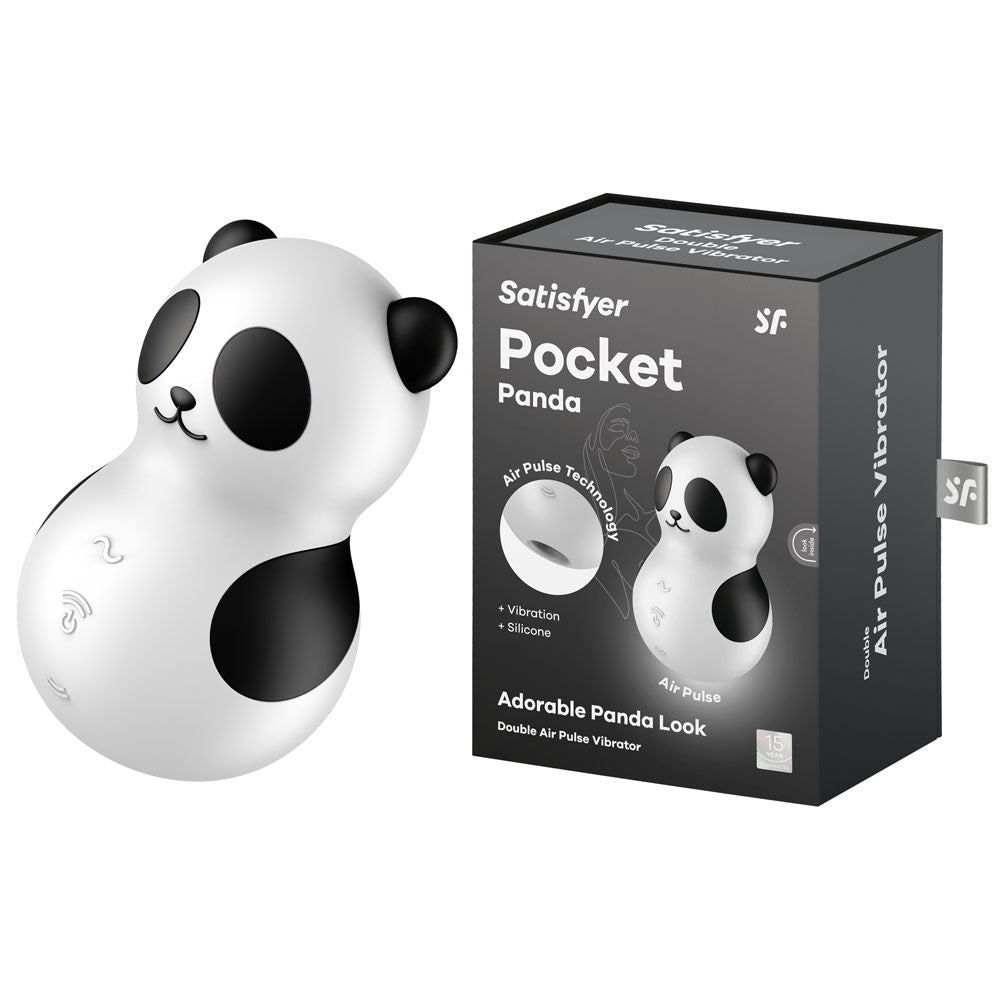 Front view of Satisfyer Pocket Panda clitoral stimulator with features highlighted | Flirty Bay Adult Store Australia, Vibrator