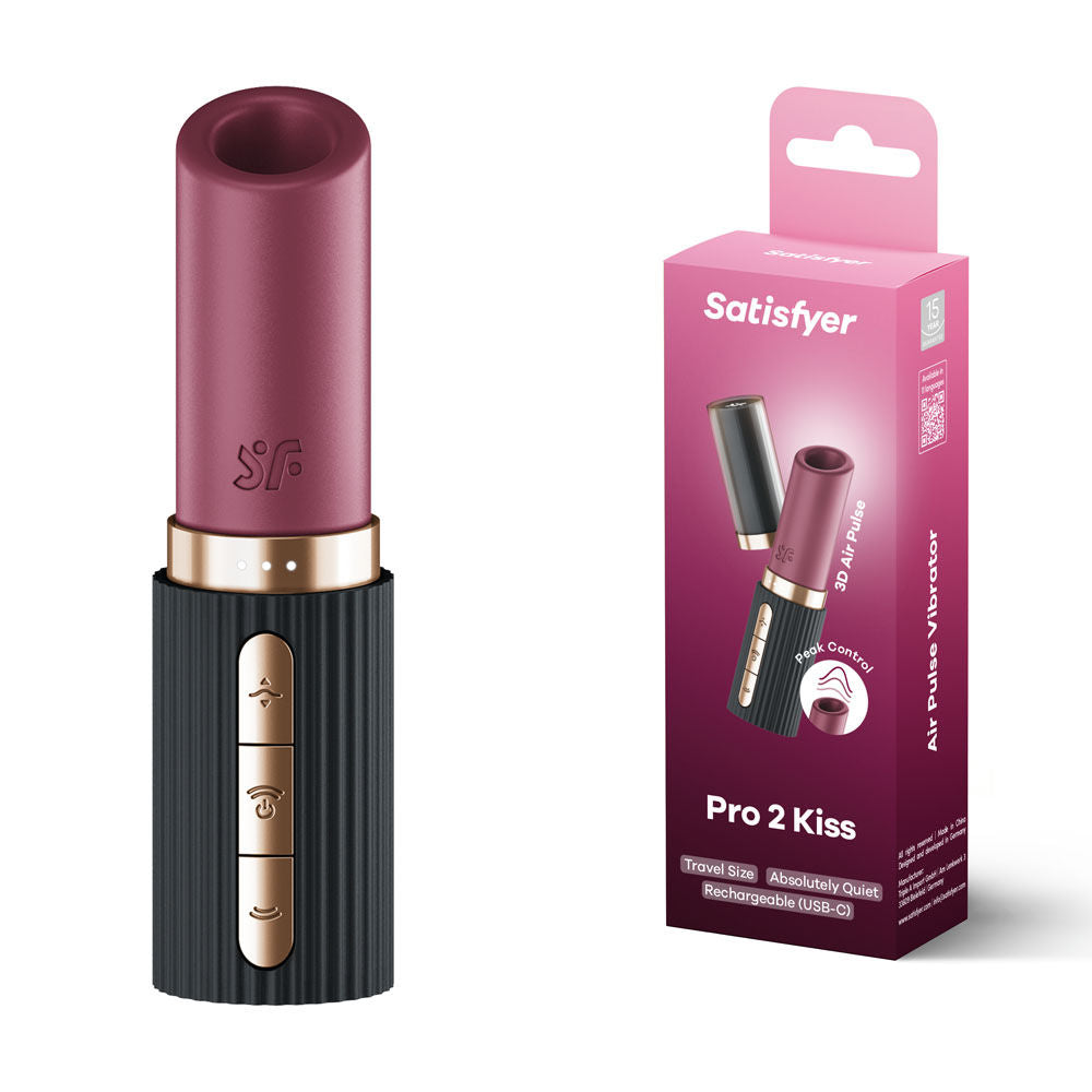 Front view of the Satisfyer Pro 2 Kiss air pulse vibrator displayed alongside its branded packaging | Flirty Bay Adult Store Australia, Vibrator