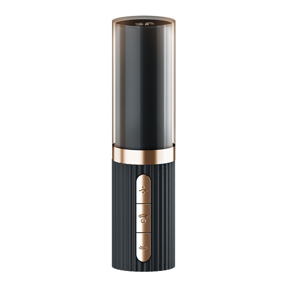 Satisfyer Pro 2 Kiss mini vibrator with cap on, resembling a sleek lipstick case for discreet clitoral stimulation on the go | Flirty Bay Adult Store Australia, Vibrator