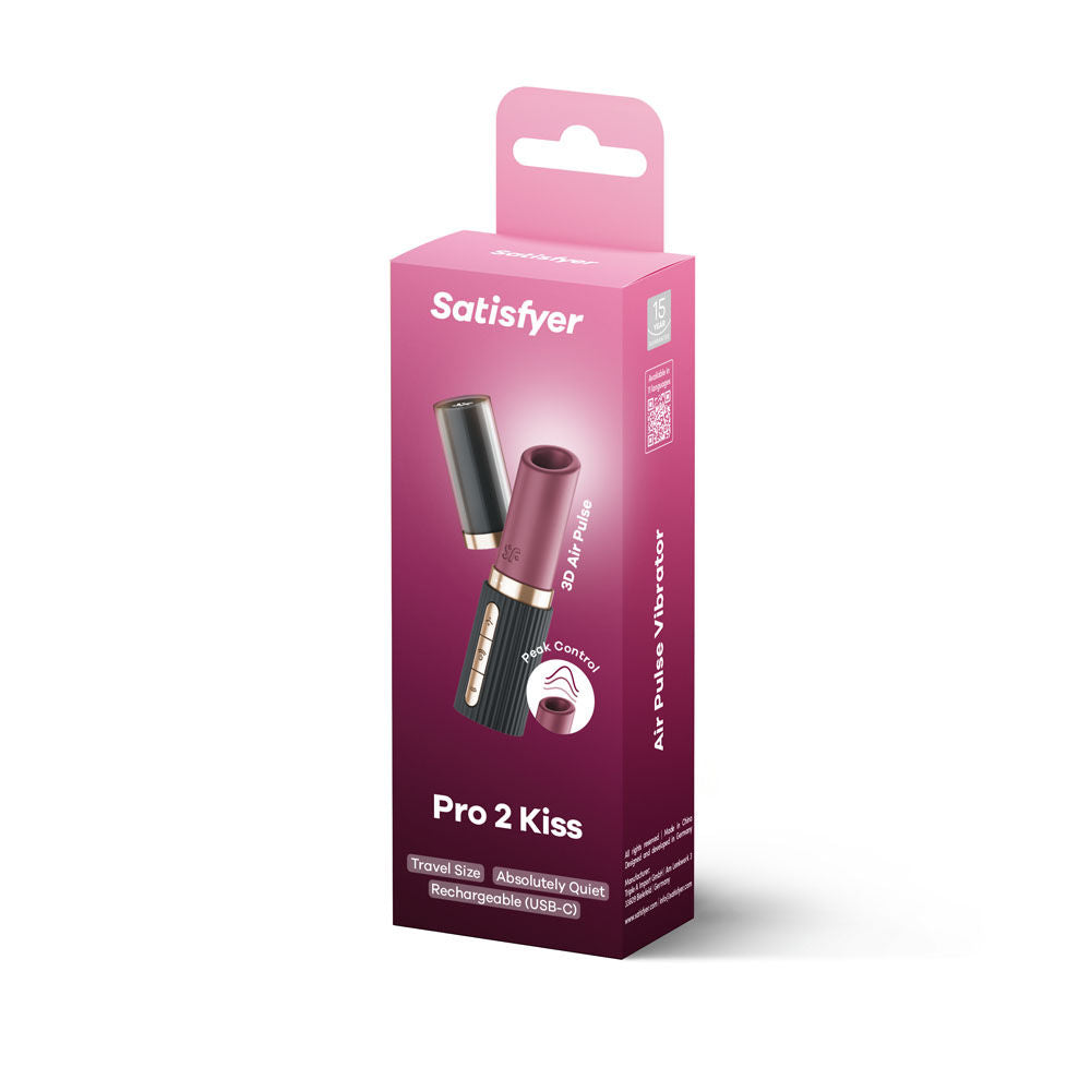Retail packaging of the Satisfyer Pro 2 Kiss clitoral stimulator showing product box with brand and features clearly visible | Flirty Bay Adult Store Australia, Vibrator