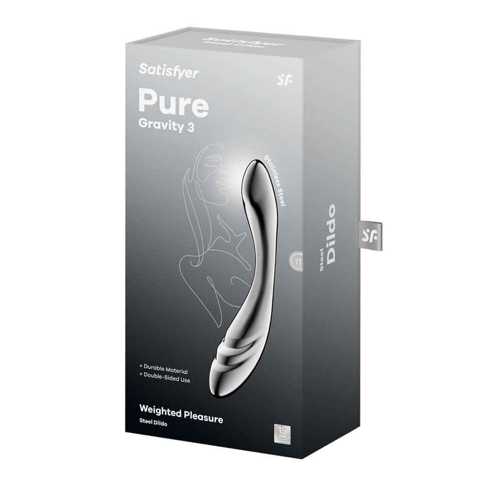 Side view of the packaging of the Satisfyer Pure Gravity 3 Steel Dildo 8.2 inch on a white background | Flirty Bay, sex toys and dildo, Perth Australia