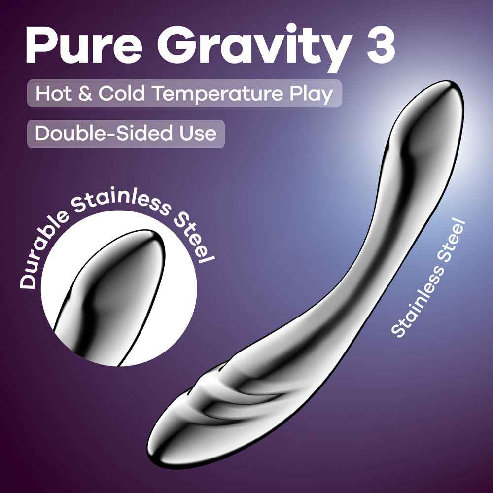 Side view of the Satisfyer Pure Gravity 3 Steel Dildo 8.2 inch with specifications on a shadow purple background | Flirty Bay, sex toys and dildo, Perth Australia