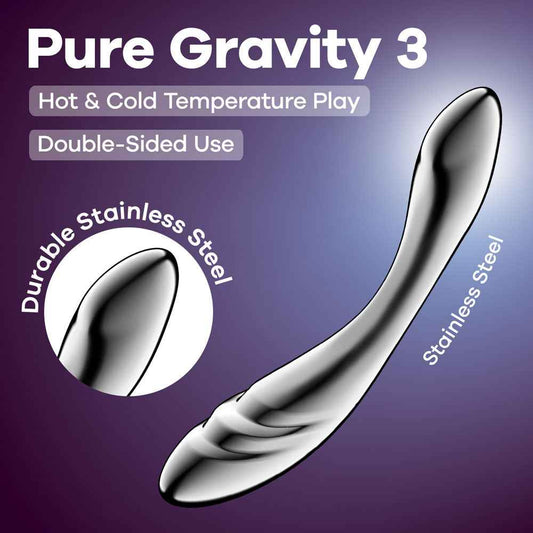 Side view of the Satisfyer Pure Gravity 3 Steel Dildo 8.2 inch with specifications on a shadow purple background | Flirty Bay, sex toys and dildo, Perth Australia