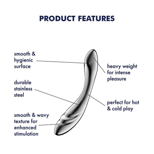 Side view of the Satisfyer Pure Gravity 3 Steel Dildo 8.2 inch with specifications on a white background | Flirty Bay, sex toys and dildo, Perth Australia