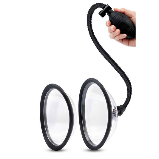 Side view of the Size Up Classic Pussy Pump with 2 Chambers with one hand on the pump on a white background | Flirty Bay, sex toys and pussy pumps, Perth Australia