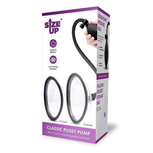 Side view of the packaging of the Size Up Classic Pussy Pump with 2 Chambers on a white background | Flirty Bay, sex toys and pussy pumps, Perth Australia
