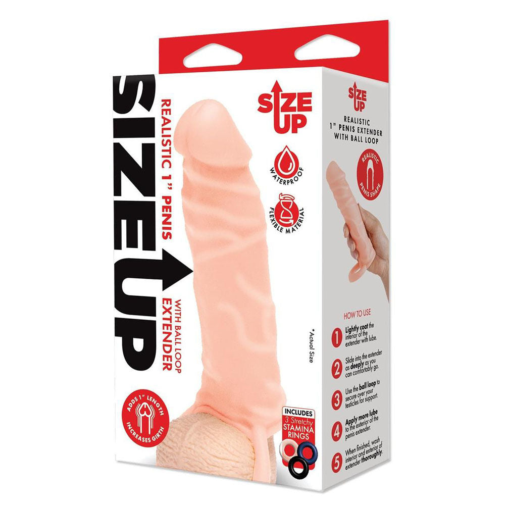Packaging of Size Up Realistic Penis Extender 1 inch | Flirty Bay, male sex toys in Perth Australia