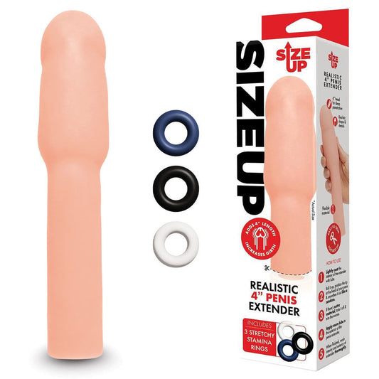 Front view of the flesh Size Up Realistic Penis Extender 4 with packaging on the left side | Flirty Bay, male sex toys in Perth Australia