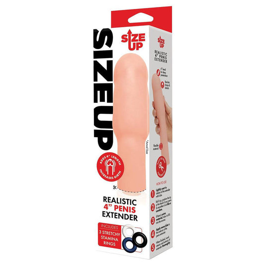 Front view of the packaging of the flesh Size Up Realistic Penis Extender 4 | Flirty Bay, male sex toys in Perth Australia
