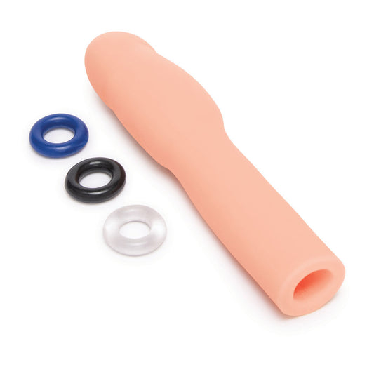 Top view of the flesh Size Up Realistic Penis Extender 4 with three cock rings on the left side | Flirty Bay, male sex toys in Perth Australia