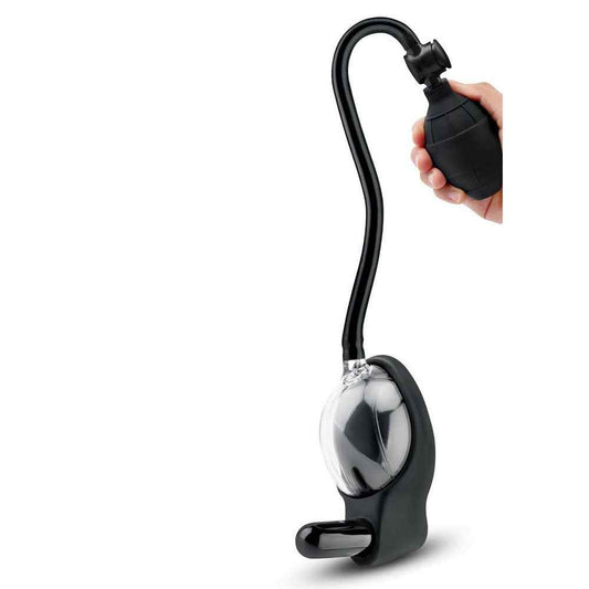 Front view of the Size Up Vibrating Mini Pussy & Clitoral Pump with one hand on the pump on a white background | Flirty Bay, sex toys and pussy pumps, Perth Australia