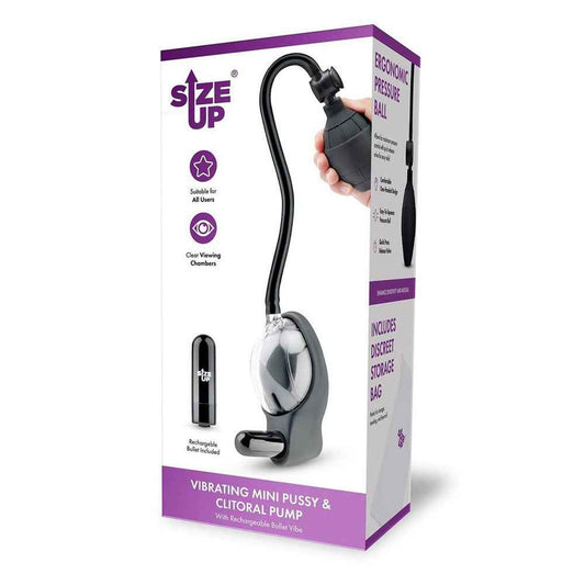 Side view of the packaging of the Size Up Vibrating Mini Pussy & Clitoral Pump on a white background | Flirty Bay, sex toys and pussy pumps, Perth Australia